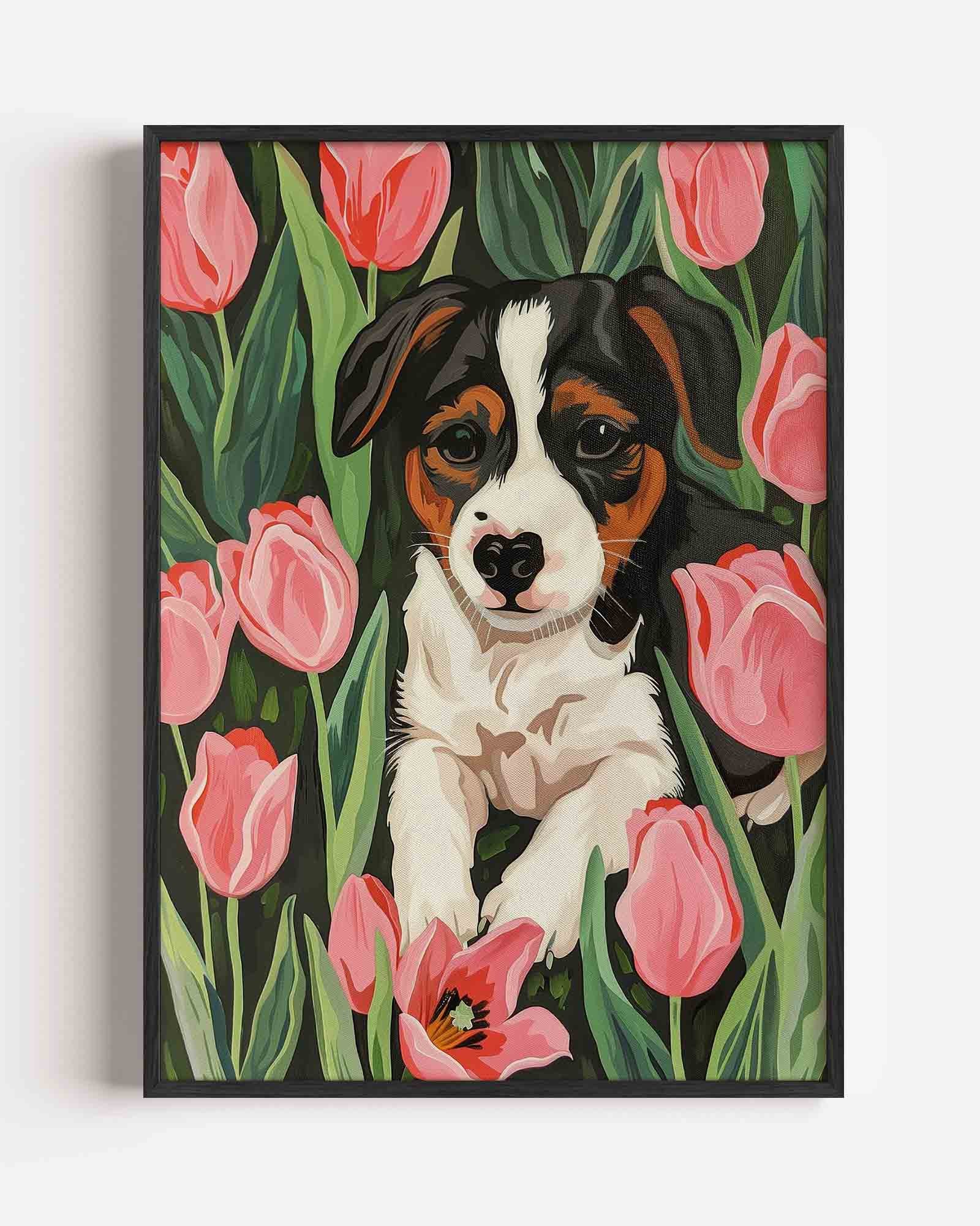 Hond tussen tulpen Poster